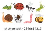 A playful set of cartoon-style illustrations featuring grasshopper, ladybug, mosquito, mantis, snail, spider, worm, and bee. Perfect for children designs and nature projects.