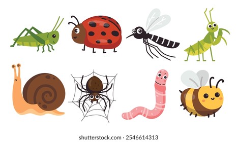 A playful set of cartoon-style illustrations featuring grasshopper, ladybug, mosquito, mantis, snail, spider, worm, and bee. Perfect for children designs and nature projects.