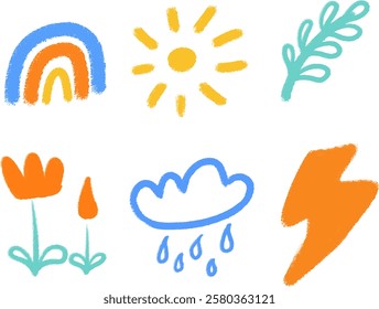 A playful set of crayon-style illustrations featuring children's doodles, hand-drawn elements, and vibrant colors. Perfect for educational materials, kids’ designs