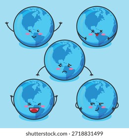Un conjunto juguetón de lindas ilustraciones del globo de la Tierra que muestran diferentes expresiones faciales y emociones, incluyendo feliz, triste, riendo, somnoliento y tonto