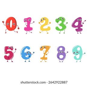 A playful set of cute number illustrations featuring cartoon faces and expressions. Perfect for educational materials, children content, counting games, and fun learning visuals