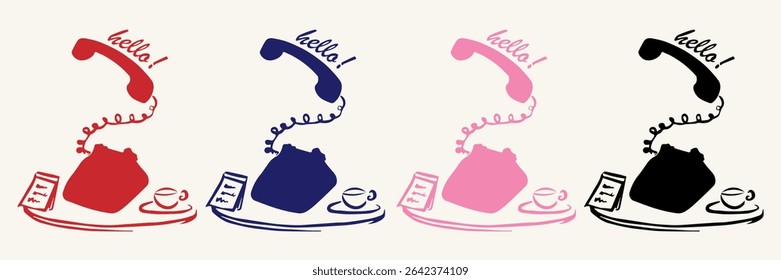 A playful set of flat-style retro telephones in red, blue, pink, and black. Nostalgic 80s–90s look with rotary dials and handwritten hello text. Great for stickers, posters, print-on-demand, and edito