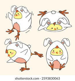 A playful set of four adorable Easter chick illustrations dressed in a bunny costume. Each pose captures a fun and joyful moment, perfect for Easter-themed designs, greeting cards, stickers, and decor