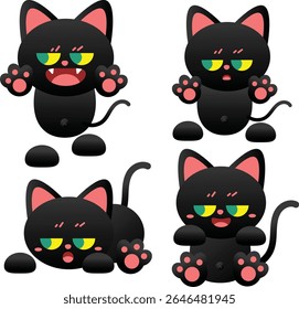 A playful set of four cartoon black cats displaying various cute expressions and poses, perfect for children's designs, pet themes, and whimsical illustrations.