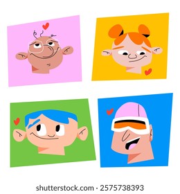 A playful set of four cartoon character portraits in bright colors, each expressing love with heart symbols. Perfect for for creative projects and love-related designs