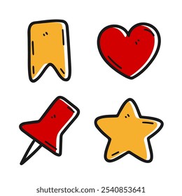 A playful set of hand drawn doodle icons including a bookmark, heart, pin, and star. Ideal for web design, app interfaces, and social media elements. Simple and charming illustrations