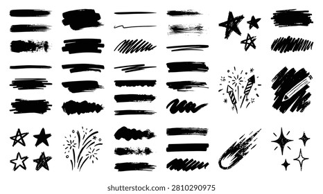 Playful set of hand drawn vector illustrations featuring stars fireworks comets and brush strokes with grunge ink textures perfect for holiday cards festive decorations and artistic branding elements for creative layouts and fun digital compositions on white background.