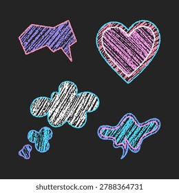 Playful set of hand-drawn chalk doodles on blackboard with pink, purple and cyan scribbles. Unique childish vector illustrations featuring heart, speech bubble, cloud and abstract shapes with rough textured strokes.