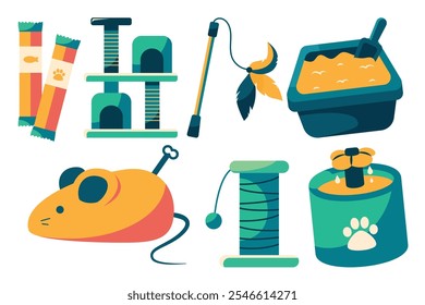 A playful set of illustrated cat essentials, including toys, scratching posts, litter box, treats, and more. Ideal for pet-related designs and advertisements.