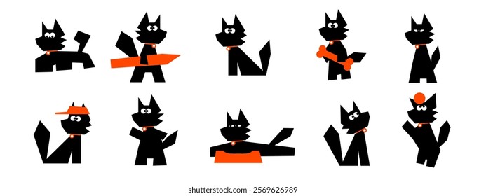 A playful set illustrations featuring a friendly black dog in various poses. Perfect for children's books, branding