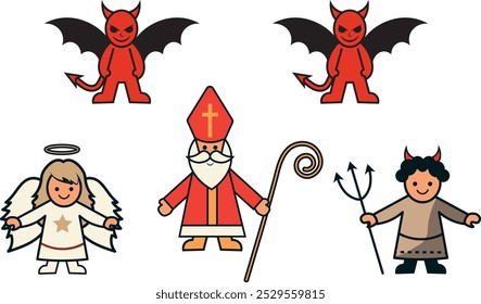 Un conjunto lúdico de ilustraciones aisladas con los personajes checos tradicionales de Mikuláš: un ángel, San Nicolás y diablos traviesos. Perfecto para las tarjetas de los niños y decoraciones festivas.