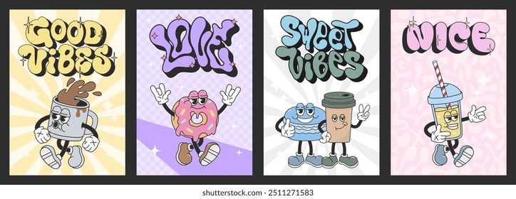 Playful set of retro illustrations, groovy characters: cartoon sweets, coffee, tea, macaroon, donut and lemonade. Mascot characters cafe themed, with retro background and lettering. Cartoon groovy set