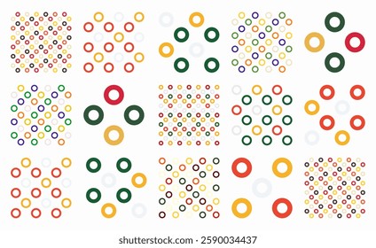 Playful set of seamless vector patterns with colorful rings and circles in grid, polka dot, lattice, mesh, and net styles. Great for bold backgrounds, wallpapers, textiles, and creative projects.