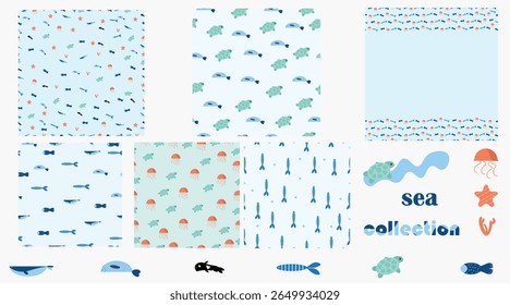 A playful set of seamless vector patterns featuring marine animals such as turtles, fish, jellyfish, and starfish in soft blue and coral colors. Perfect for kids' apparel, nursery decor, packaging