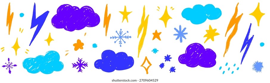 A playful set of star doodles and cloud forms created with crayon texture. Snowflake lines brighten the design, mixing cloud softness, star shine and crayon-style snowflake marks.