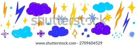 A playful set of star doodles and cloud forms created with crayon texture. Snowflake lines brighten the design, mixing cloud softness, star shine and crayon-style snowflake marks.
