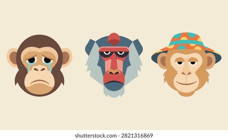 Playful set of three diverse monkey faces displaying a sad crying expression, a neutral look, and a happy smiling face.