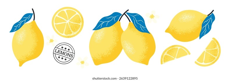 Playful set of whole lemons, lemon slices, and blossoms. Fresh and dynamic citrus composition ideal for packaging and summer prints. Vector illustration on transparent background