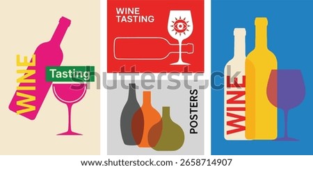 A playful set of wine posters with bright colors, modern typography, and abstract bottle and glass illustrations, perfect for wine tasting events and branding