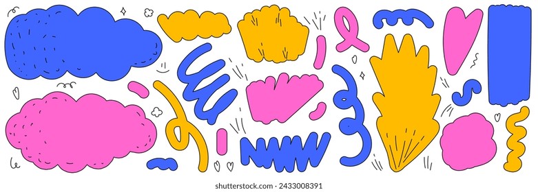 Playful shapes in a careless childish style. Bright colors and cute doodle elements. Contemporary vector illustration.