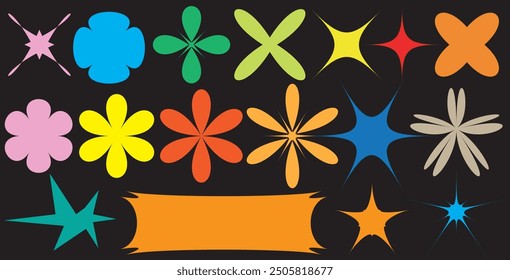 Playful shapes in a careless childish style. Bright colors and cute doodle elements. Flower Patterns isolated on black background Contemporary vector illustration