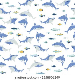 Playful Shark and Fish Pattern on White Background