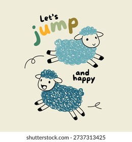 Playful Sheep Jumping with 'Let's Jump and Happy' Text