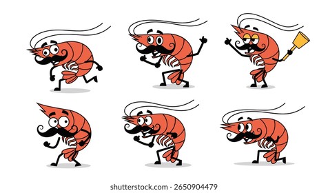 Playful shrimp characters with whimsical mustaches dancing and exercising with a broom