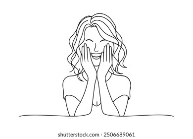 Playful shy woman hiding face laughing timid One line continuous line art vector illustration on white background.