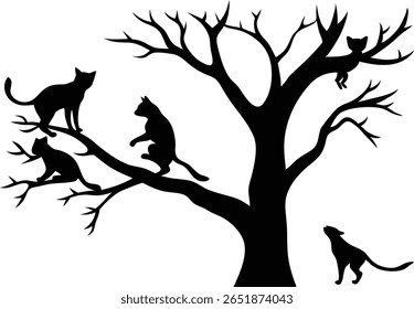 A playful silhouette of a cat gracefully climbing a tree, capturing a moment of outdoor adventure and feline agility. Perfect for designs evoking nature and activity.