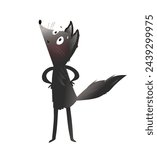 Playful silly little wolf character design for children. Cute standing wolf childish character design. Furry forest animal friend for kids. Vector hand drawn illustration in watercolor style.