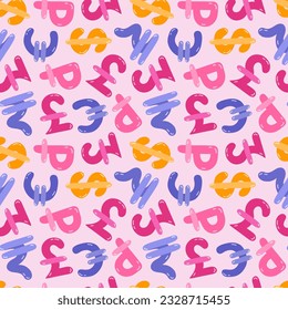 Playful simple seamless pattern with different international currency symbols. Bright background with hand drawn doodle of money signs in naive style for wrapping paper, background, fabric, scrapbook.