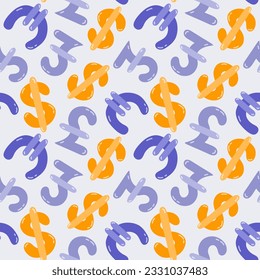 Playful simple seamless pattern with different international currency symbols. Bright background with hand drawn doodle of money signs in naive style for wrapping paper, background, fabric, scrapbook.