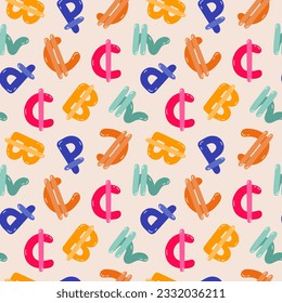 Playful simple seamless pattern with different international currency symbols. Bright background with hand drawn doodle of money signs in naive style for wrapping paper, background, fabric, scrapbook.