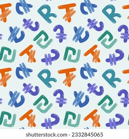 Playful simple seamless pattern with different international currency symbols. Bright background with hand drawn doodle of money signs in naive style for wrapping paper, background, fabric, scrapbook.