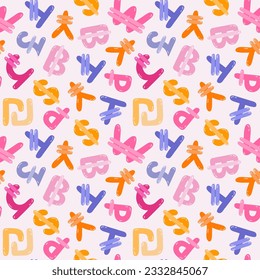 Playful simple seamless pattern with different international currency symbols. Bright background with hand drawn doodle of money signs in naive style for wrapping paper, background, fabric, scrapbook.