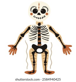 playful skeleton illustration with cheerful expression, featuring detailed skeletal structure and cartoonish design. Perfect for Halloween or educational purposes