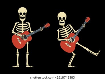 Spielerisches Skelett Gitarre spielen während einer festlichen Feier Halloween. Cartoon Skelett in einer lebendigen musikalischen Aufführung mit Gitarre. Vektorgrafik einzeln