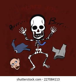 Playful skeleton strip man cloths and try to scare  people. Halloween concept