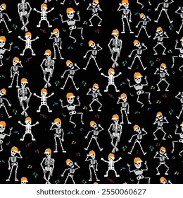 Playful skeletons wearing orange hats, dancing amidst colorful music notes on a dark background. A whimsical and trendy design ideal for Halloween themes, party decor, or creative digital projects