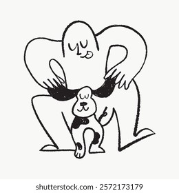 Playful sketch of a person and dog, capturing a joyful bond. Simple lines highlight the playful interaction between the person and dog. Simple black line art doodle vector.