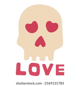 playful skull design with red heart eyes and the word LOVE below, symbolizes affection and romance, designed with cute vector style for Valentine's Day, isolated on a white background, expressing love