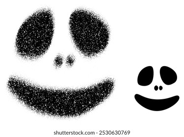 A playful skull face created with scattered black dots alongside a solid version, featuring a smiling expression. Vector illustration.