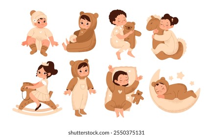 Bebés juguetones y dormidos en pijamas acogedores con juguetes y almohadas. Ducha de bebé, decoración infantil. Conjunto de Ilustración vectorial plana.