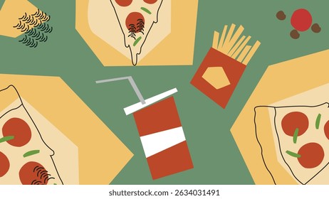 Playful slices of pepperoni pizza, fries, and soda over a green backdrop. Great for fast food branding, snack visuals, and casual food designs.
