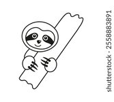 Playful sloth hugs wooden board doodle. Hand drawn funny tropical bear