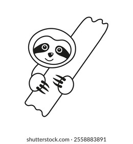 Playful sloth hugs wooden board doodle. Hand drawn funny tropical bear