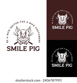 Playful smile pig mascot logo design for family and Grill business