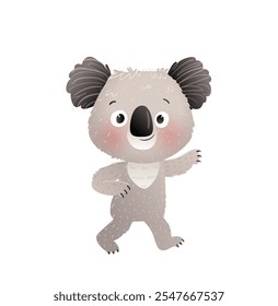 Juguetón sonriente bebé koala character.Australian animal endémico de dibujos animados coloridos para niños. Ilustración adorable del saludo lindo australiano del koala para los niños. Diseño de personaje de Vector arte de Clip aislado.