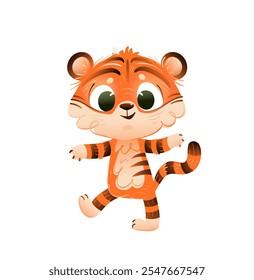 Juguetón sonriente bebé tigre personaje. Animales para niños de dibujos animados coloridos. Ilustración divertida del saludo del tigre lindo africano para los niños. Diseño de personaje de Vector arte de Clip aislado.